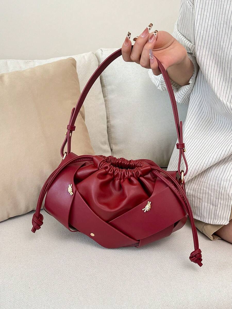 Women's Faux Leather Solid Color Drawstring Cloud Pleated Shoulder Bag