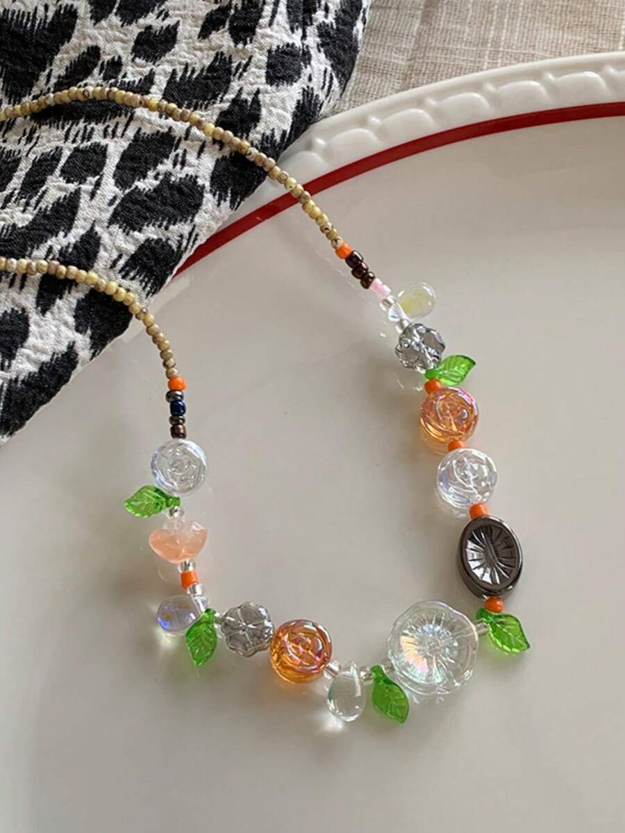 1件甜美春日彩色花叶串珠项链，简约百搭日常佩戴女士饰品 - 彩色 - 查看 1