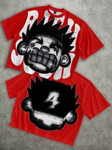Camiseta suelta y corta de alta calidad con estampado de cara grande y dientes de diamante distorsionados y divertidos de Manfinity Roghcode para hombres - Rojo - Ver 12