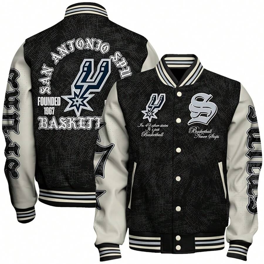 N-B-A San Ant-Onio Spurs 3D Patterned Baseball Jacket Is Suitable For All Occasions, From Urban Chic To Parties, Fitness, And Outdoor Activities - 風格 - 查看 1