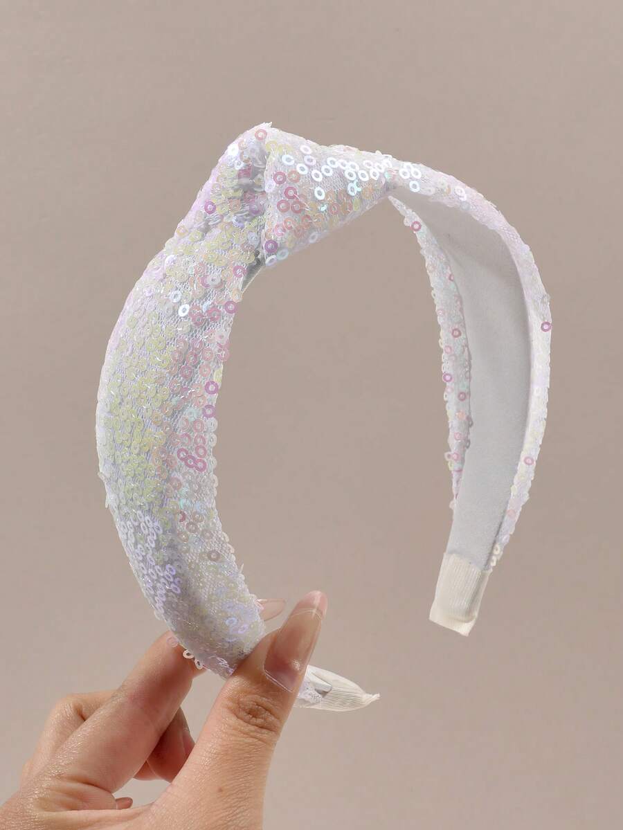 1件白色炫彩亮片激光反光打结交叉宽檐发箍，优雅适合派对、节日、度假、春夏发饰发带发箍 - 白色 - 查看 1