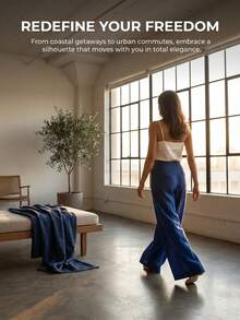 Light Blue Linen Drawstring Waist Wide Leg Pants Casual High Waist Baggy Trousers For Women - Blue - View 8