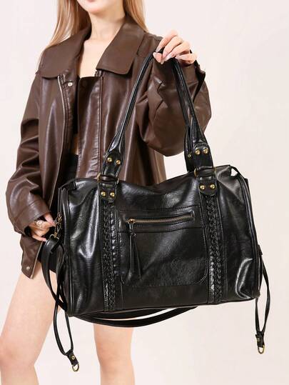 Women's Retro Slouchy Cool Street Style Washed PU Vegan Leather Zipper Closure Multi Functional Pockets Braid Decor Brush Off Color Large Capacity Tote Handbag Fits 13' Laptop Adjustable Long Strap Crossbody Shoulder Bag Daily Commute College Overnight Travel Outings, Bohemia Style Bag For Women, New Fashionable Big Bags For Women, New Arrival Tote Bags For Woman , Gifts For Women , Office Bag , Valentines Gifts, Bags Ladies Elegant