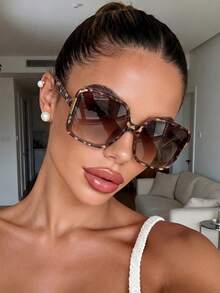 1 par de gafas de moda de playa con marco grande y estampado de leopardo degradado para mujer, ideales para ropa de otoño/invierno y uso casual de negocios. El diseño de contraste con estampado de leopardo crea una vibra bohemia de vacaciones - Marrón - Ver 5