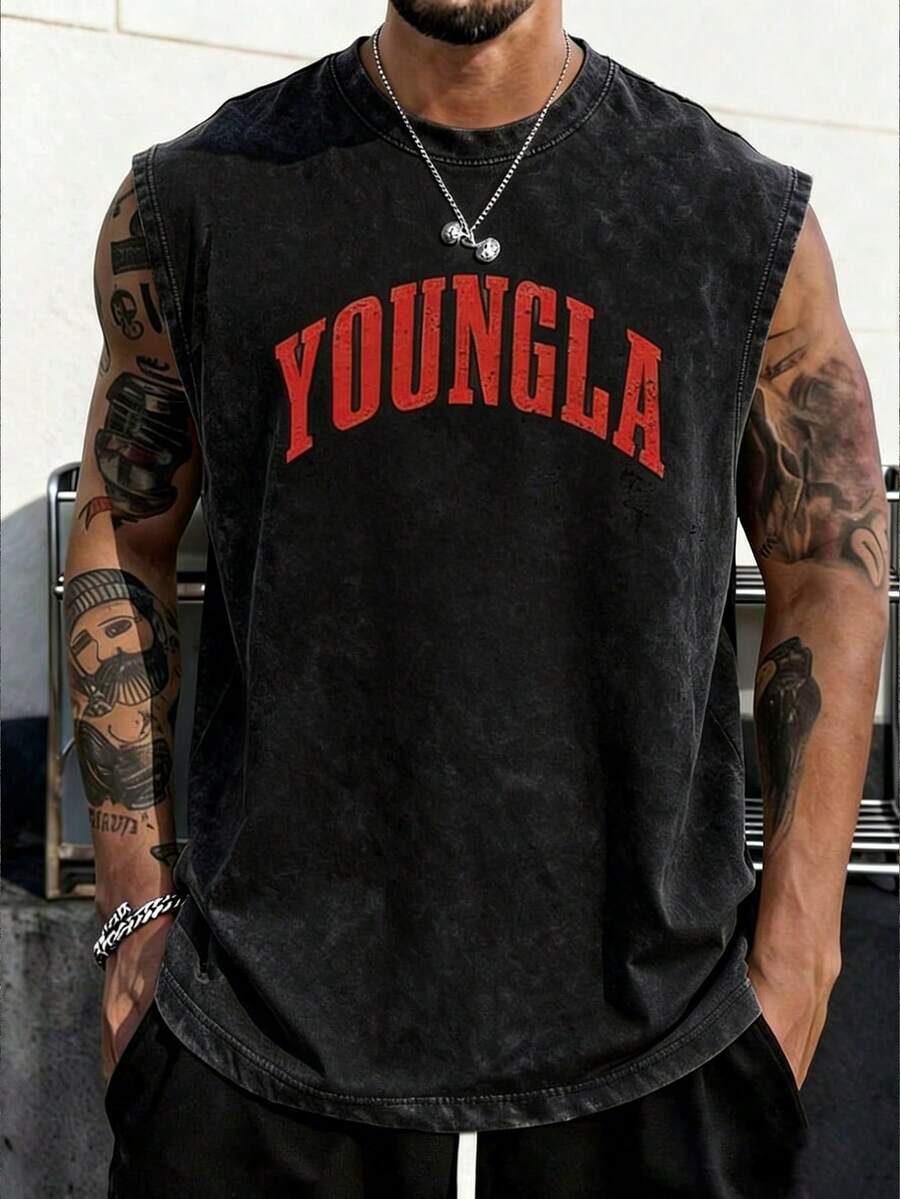Men's Printed Vintage Washed Vest, Loose Fit, Casual Street Style, A Must-Have Item For Street Wear And The Gym. - 黑色 - 查看 1