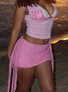 Women Pink Knit Mini Skirt - Side Tie Detail Casual Skirt, Cute Beach Party Bottom For Vacation & Night Out Going Out Clubwear - 粉色 - 查看 1