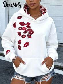 Áo sweatshirt dài tay dáng rộng in hình môi phong cách Y2K của Dear Molly dành cho nữ, áo nỉ chui đầu kiểu vintage Mỹ với túi kangaroo, thích hợp cho nữ mùa thu/đông, trang phục thường ngày màu trắng mùa xuân. - trắng - Xem 3