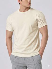 Basic Plain Short-Sleeve T-Shirt, 100% Cotton, 30.1 Combed Yarn - 米色 - 查看 1