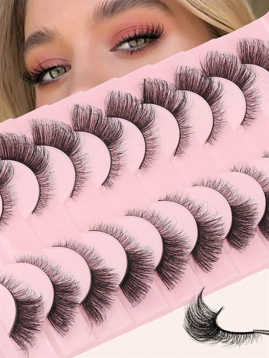 10对自然半眼假睫毛，3-5-12毫米混合长度，自然猫眼假睫毛，化妆工具，超长蓬松仿貂毛睫毛，自然长猫眼假睫毛 - 查看 1