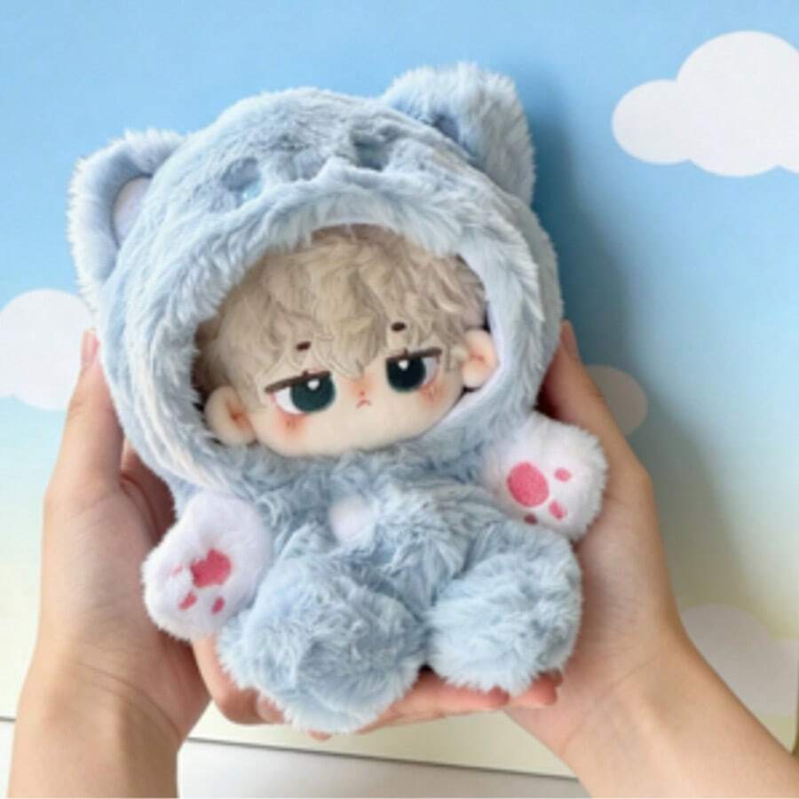 20厘米毛绒可爱动物蓝色小猫娃娃服装系列连帽连体衣娃娃冬季服装 - 彩色 - 查看 1