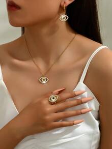 3pcs/Set European And American Evil Eye Pendant Necklace, Luxury Choker Necklace And Earrings Set For Women - Gold - View 3