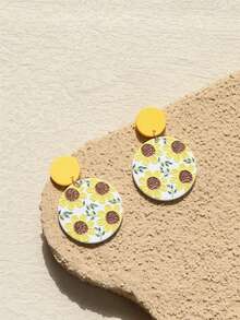 1对女士向日葵印花浅黄色陶瓷质感可爱优雅圆形亚克力耳环 - 彩色 - 查看 7