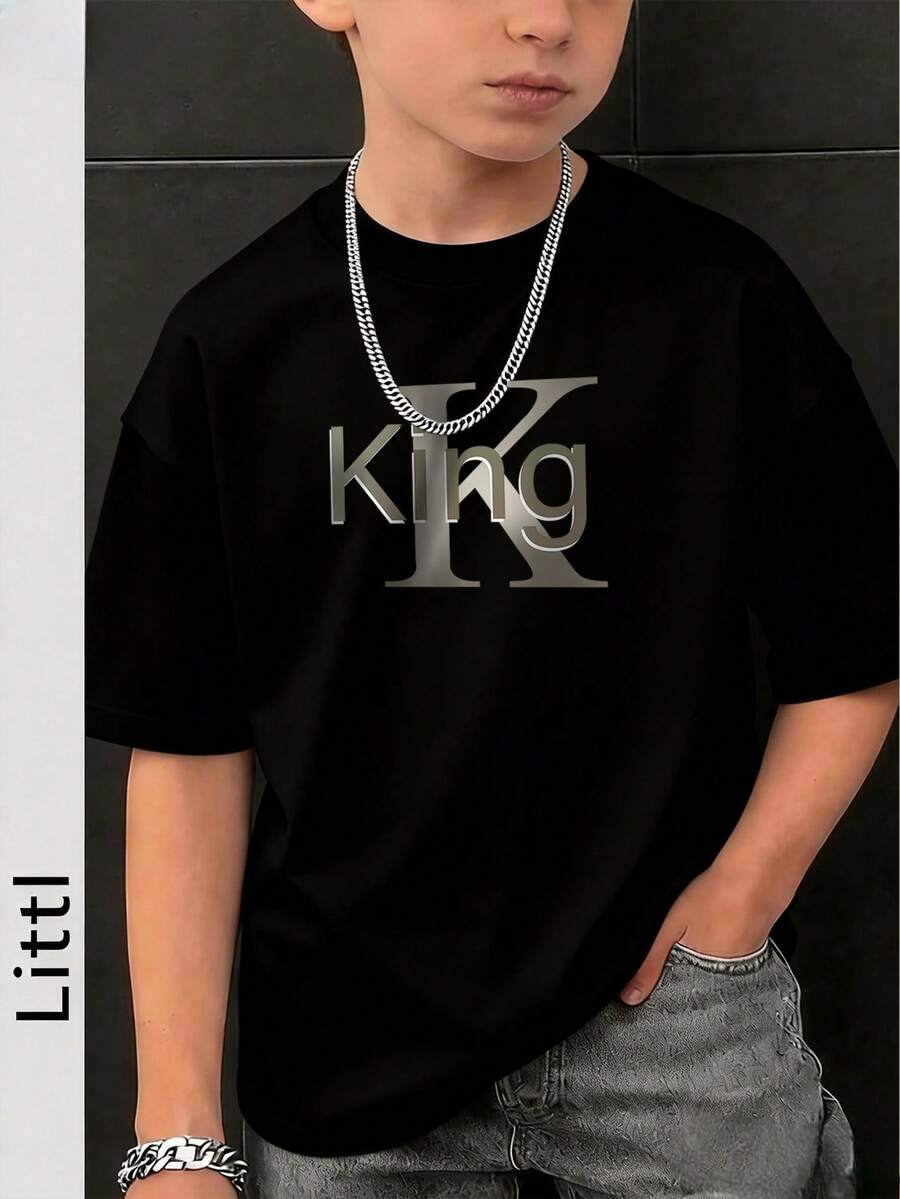 Áo thun tay ngắn cổ tròn in chữ "King" phong cách đường phố dành cho bé trai - màu đen - Xem 1