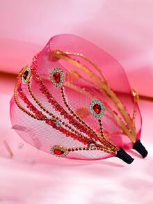 1pc Shiny Red Rhinestone Headband, Fashion Mesh Hollow Wide Beaded Hairband, Suitable For Bride, Wedding, Party, Celebration, Daily Casual Wear - Red - View 4