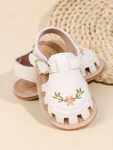 1 双婴儿女孩刺绣 PU 钩环可爱平底凉鞋，0-1 岁幼儿学步鞋，适合夏季 - 白色 - 查看 4