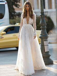 Women's Wedding Dress  Sexy Lace Long Sleeve Vacation Dress Evening Banquet Dress Spring - 白色 - 查看 2