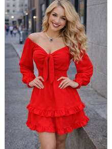 SHORT DRESS WITH LONG SLEEVES AND SPRING, COUNTRY STYLE, DOUBLE Ruffle, CEY FABRIC. MOD. ELSIE - Red - View 2