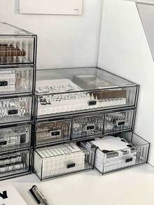 1pc Striped Transparent Stackable Storage Box, Minimalist Desktop Compartment Drawer Organizer - Clear - View 2