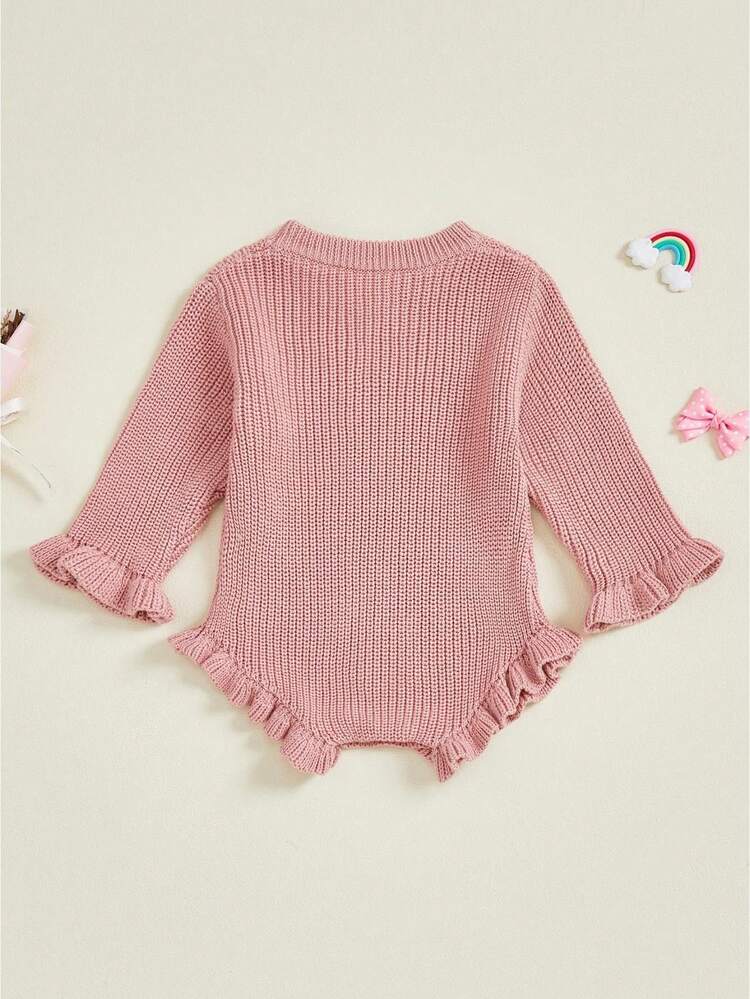 Mono de Punto para Bebé con Caída, Color Sólido, Manga Larga, Cuello Redondo y Volantes - Lavanda - Añade 1