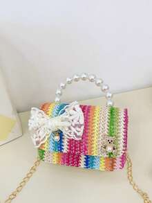Striped Straw Small Square Bag, Lace Bow Pearl Handbag, Girly Vacation Crossbody Bag - Multicolor - View 14