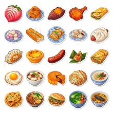 50张中国美食贴纸，亚洲美食主题贴纸，适合成人，可用于笔记本电脑、水瓶、日记本、滑板、DIY工艺品、美食爱好者装饰贴纸、餐厅装饰、剪贴簿用品。 - 1 Set - 查看 4