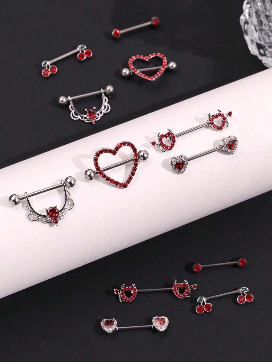 2件套不锈钢心形、蝴蝶、月亮、立方氧化锆花朵造型乳环，可爱穿刺饰品，适合日常佩戴 - nipple ring - 查看 1