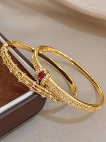 1Pc/Set 18K Gold Plated Elegant Copper Exquisite Paved Zirconia Rose Ruby Bangle Bracelet,Party,Daily,Christmas,Birthday Gift/Gala/Wedding/Halloween - Multicolor - View 3