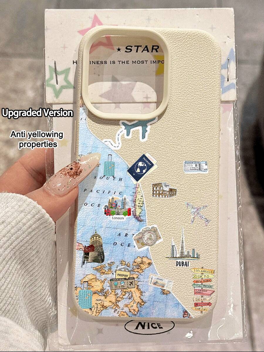 1pc Fashion City Landmark Collage Pattern Litchi Texture Shockproof Anti-Slip Soft Phone Case Compatible With Apple, Phones - Multicolor - View 1