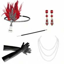 20 Pieces Women's 1920s Accessories Set: Robe, Great Gatsby-Style Feather Headpiece, Faux Pearl Necklace, Gloves Prom Halloween - Multicolor - View 8