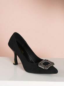 女士高端水钻黑色绒面尖头低帮细高跟鞋，性感露趾，适合派对、夜店、婚礼、办公室、日常穿着，鞋跟高度 8.5 厘米 - 黑色 - 查看 7