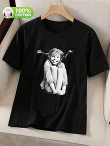 女士标准图案印花T恤，黑色，100%纯棉，适合夏季穿着，休闲棉质T恤 - 黑色 - 查看 2