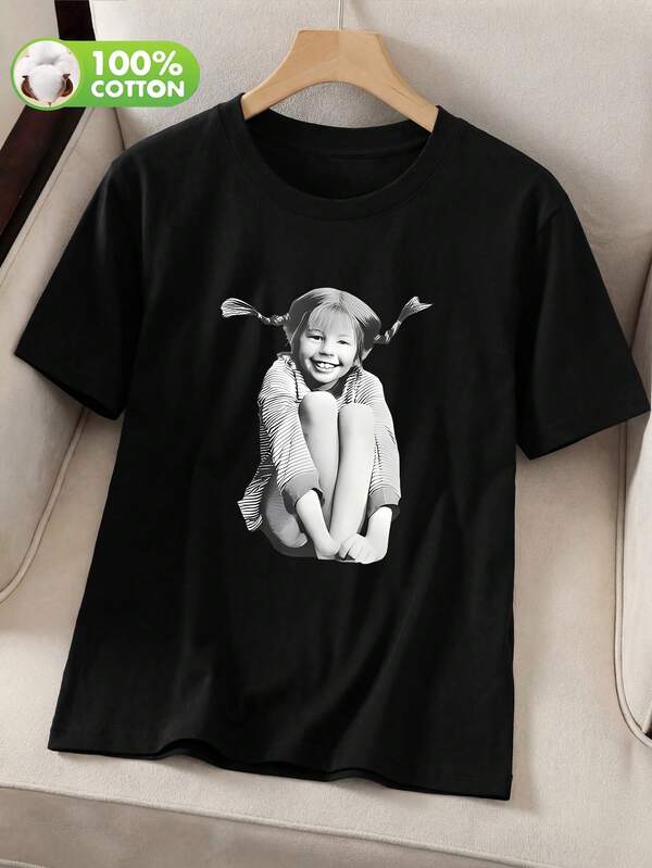 Women's Standard Pattern Printed T-Shirt, Black, 100% Cotton, Suitable For Summer Wear, Cotton T-Shirt Casual