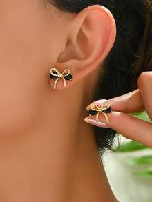 1 Pair Elegant Cute Bow Stud Earrings, Fashionable Minimalist Versatile Small Earrings For Women - Multicolor - View 1