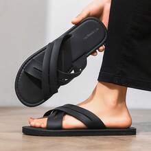 Dép lê da đen đơn giản dành cho nam năm 2026, dép đi ngoài trời chất lượng cao, đế mềm, đa năng, có thể mang nhiều lớp. - màu đen - Xem 8