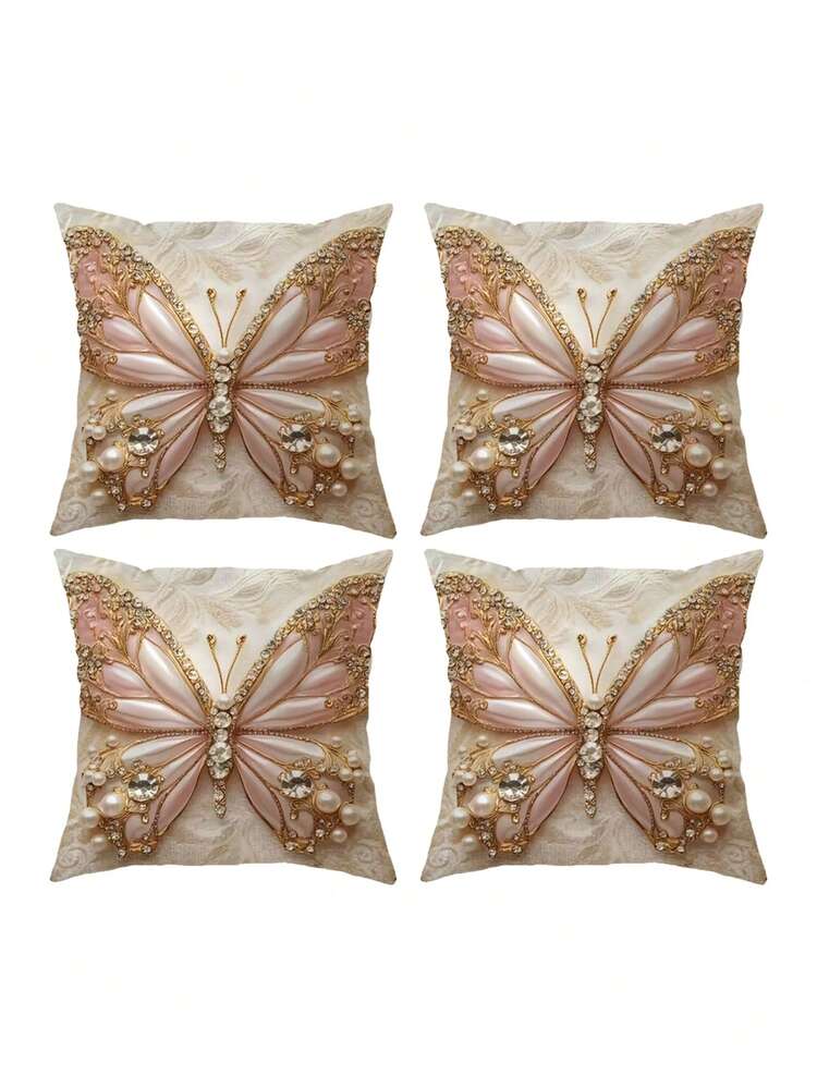 1/2/4PCS Elegant Pink & Golden Vintage Butterfly Decorative Pillow Cover - Large Square Case For Sofa & Bed | Machine-Washable Polyester With Zip Closure, 2D Flat Printing - Pink - View 8