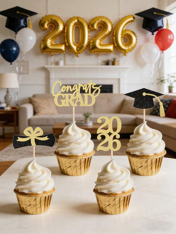 12 chiếc que cắm bánh cupcake tốt nghiệp năm 2026, màu đen vàng lấp lánh, 4 kiểu dáng mũ tốt nghiệp và bằng tốt nghiệp, thích hợp trang trí bánh cho tiệc tốt nghiệp trung học và đại học.