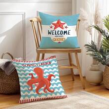 4件套夏季海洋航海灯塔螃蟹章鱼卡通图案抱枕套，单面柔软桃皮绒材质，45*45厘米枕套，适合房间装饰、室内沙发客厅装饰、派对装饰，装饰抱枕套礼品 - 彩色 - 查看 5