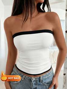 女士新款春夏无袖露脐上衣，撞色梭织面料，修身抹胸设计，休闲/工作/度假/派对/海滩/音乐节皆宜 - 黑與白 - 查看 1