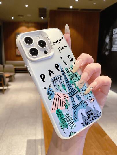 1个IMD三合一彩色银色高端磨砂防摔、防指纹、防刮手机壳，带有涂鸦塔楼元素图案，纤薄设计，兼容 17/17 Pro/17 Pro Max/17 Air/16/15/14/13/12/11系列