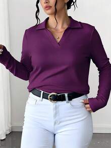 Áo thể thao nữ cỡ lớn mới, kiểu dáng ôm sát, cổ polo, cổ chữ V, tay dài không cúc, thích hợp cho các hoạt động ngoài trời, chạy bộ, thể thao, yoga, tập luyện mùa xuân. - Màu tím - Xem 5