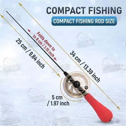 Cần câu cá trên băng, tay cầm bọc xốp, trọng lượng nhẹ, có tay nắm chống trượt, thích hợp cho câu cá ở hồ và sông.