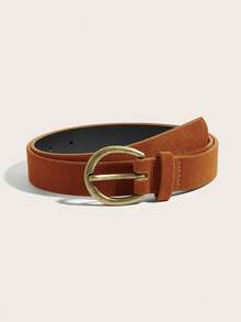 1pc Kids Boho Minimalist Brown Leather Belt, Buckle Closure, Suitable For Jeans, Dresses, Daily Wear, Parties, Music Festivals - Burnt Orange - View 1