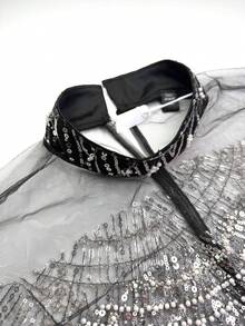 UNITHORSE Vestido largo de noche elegante para mujer de talla grande con mangas largas, parches con cuentas y lentejuelas, contraste de color y tela de malla, primavera - Plateado - Ver 8