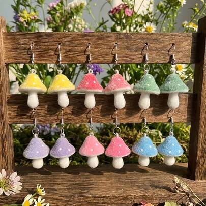 6件套女士时尚吊坠耳环套装，彩色波点仿蘑菇植物树脂植绒耳环，可爱田园卡通风格优雅耳环，适合日常、度假、送礼、节日及任何场合。