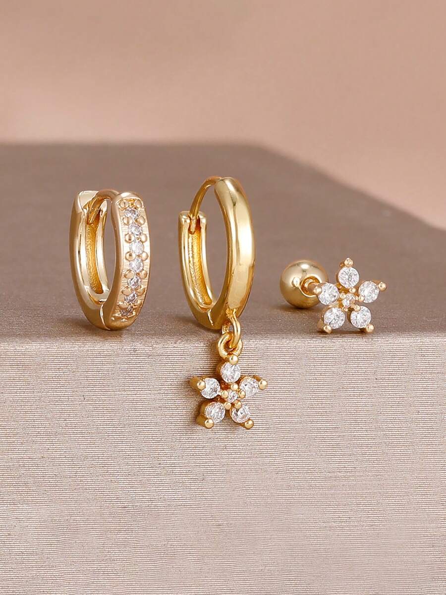 3件套时尚星形锆石18K镀金耳钉套装,女士不锈钢耳环吊坠,奢华珠宝 - 3PCS-Gold-8# - 查看 1