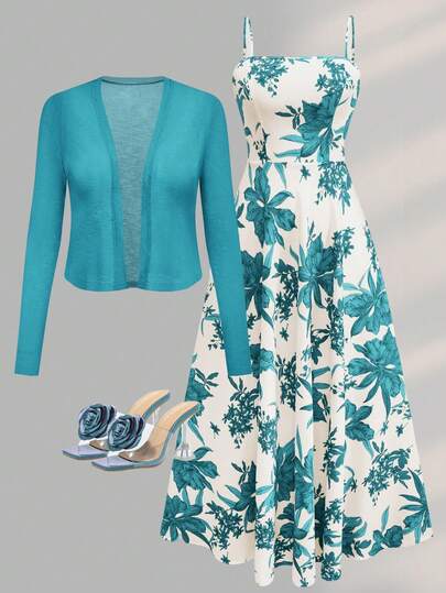 Women's Sleeveless Printed Waist Flare Dress With Knit Cardigan, Romantic Bohemian Floral Print Vacation Outfit Set