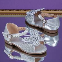 Giày sandal công chúa hở mũi, lưới satin đính kim cương lấp lánh mới năm 2026 dành cho bé gái - Đế mềm chống trượt. - Bạc - Xem 2