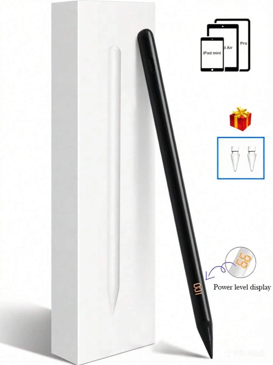 Compatible con iPad 2018-2025/Pro/Air/Mini Tablets, Lápiz óptico activo con control de inclinación, rechazo de palma, pantalla de nivel de energía LED, fijación magnética, punta reemplazable - Negro - Ver 1