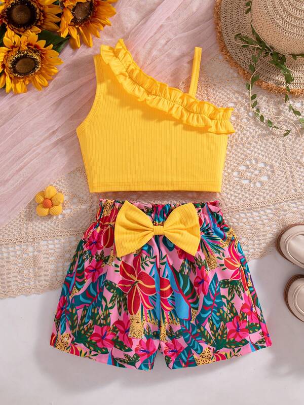 เสื้อสายเดี่ยวไม่มีแขนแต่งระบายสำหรับเด็กผู้หญิง + กางเกงขาสั้นพิมพ์ลายดอกทานตะวันผูกโบว์