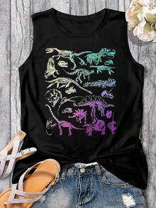 Women Oversized Graphic Shirt Funny Dinosaur Skeleton Aesthetic Tshirt Dino Fossil Short Sleeve Casual Tank Top Tops Fashionable Plus Size Women's Tank Top, Super Soft And Breathable Cotton | Comfortable Fit, Versatile Everyday Style, Suitable For All Seasons. - màu đen - Xem 1